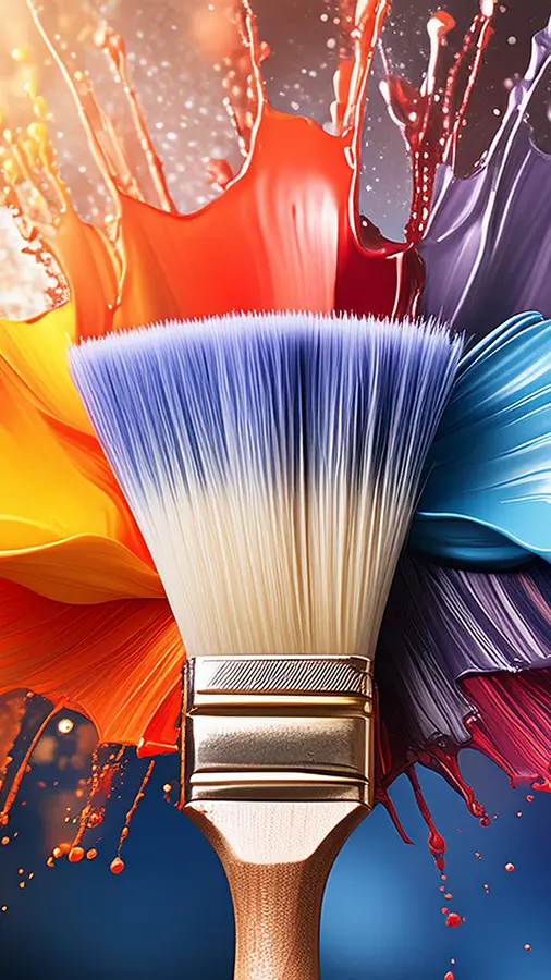 Bild Startseite mobil -Nahaufnahme eines Pinsels mit Strichen in gemischten Farben, darunter Gelb, Orange, Rot, Lila und Blau, die sich von den Borsten nach außen ausbreiten – eine perfekte Inspiration für Maler Lauer. - Firmenadresse