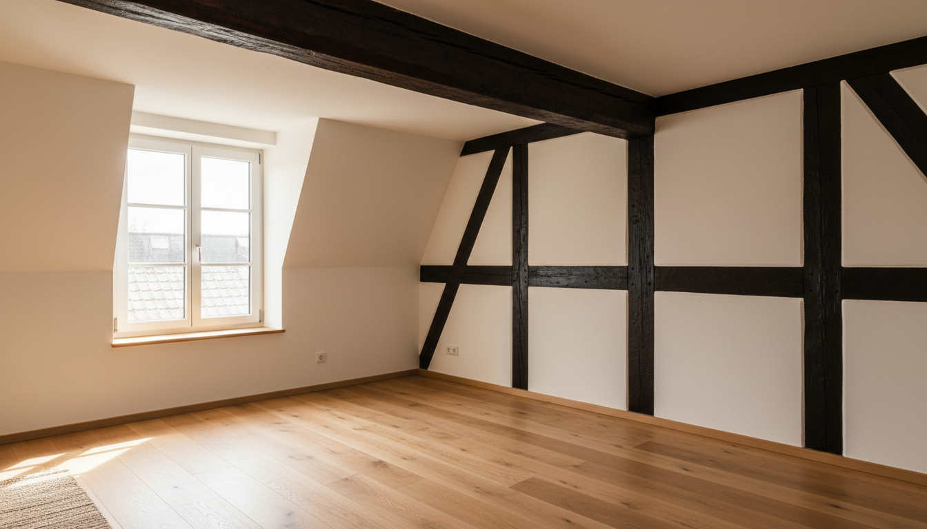Renovierte Fachwerkwohnung in Oberaula mit sichtbarem Holzbalken, frisch gestrichener Wand und neuem Holzboden