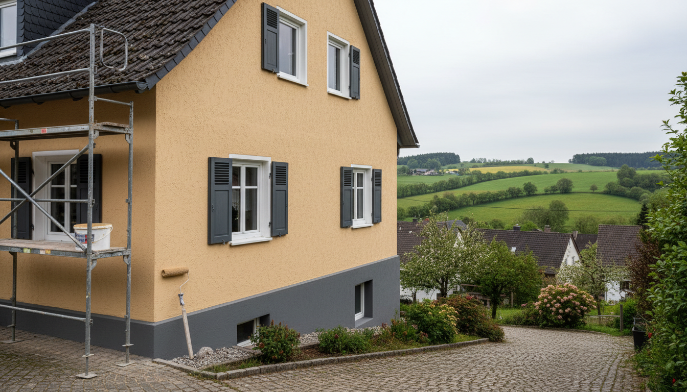 Frisch gestrichene Hausfassade mit Gerüst im Knüll – Außenanstrich vom Maler Lauer aus Oberaula
