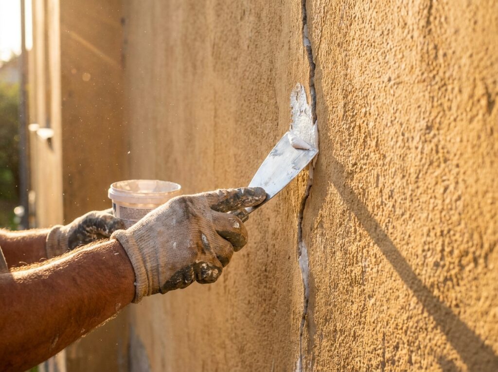 Riss in der Fassade wird ausgebessert