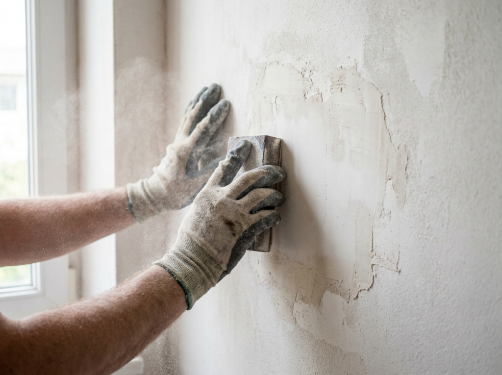 Gespachtelte Wand wird geschliffen
