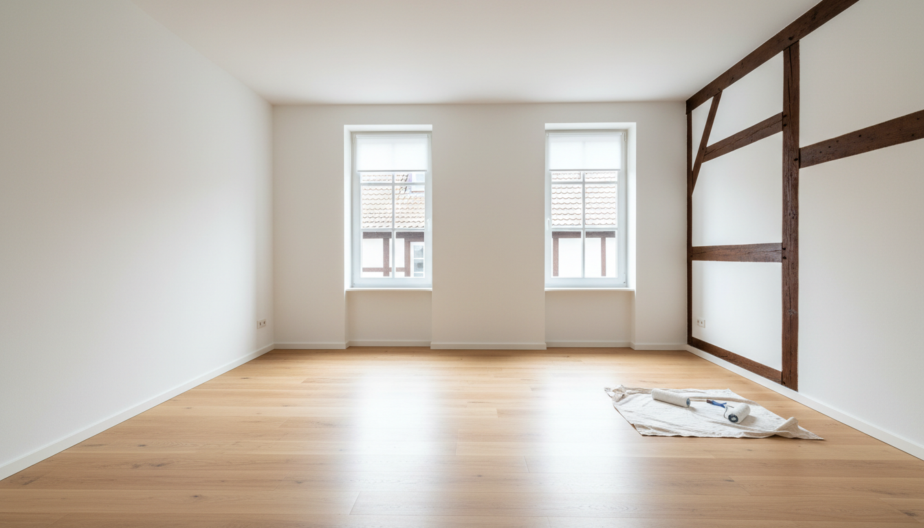Frisch renovierter heller Wohnraum mit neuem Anstrich, Holzboden und Sonnenschutz – Renovierung in Bad Hersfeld von Maler Lauer