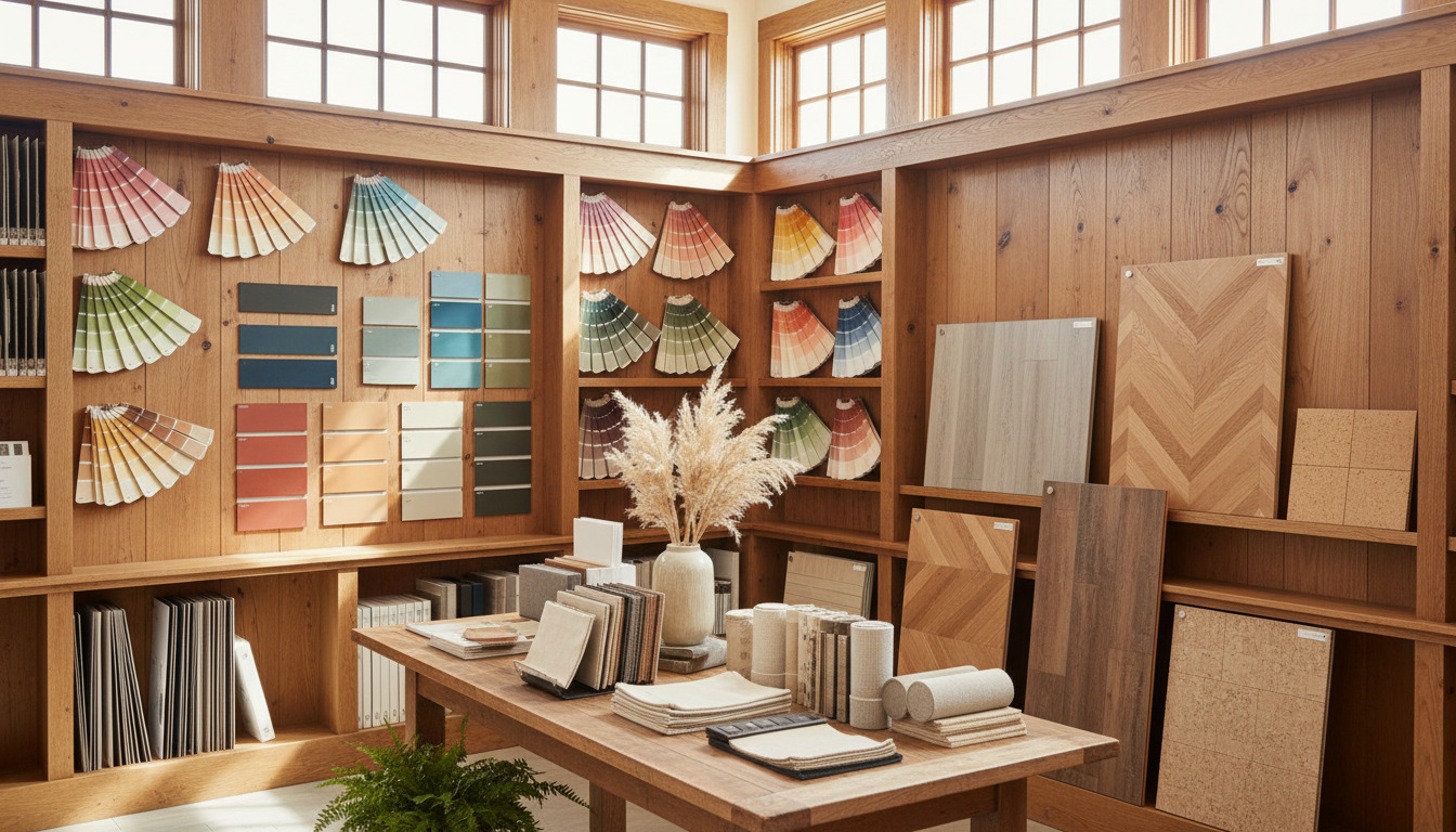 Einladender Showroom von Maler Lauer in Oberaula mit Boden-, Farb- und Stoffmustern bei warmem Tageslicht