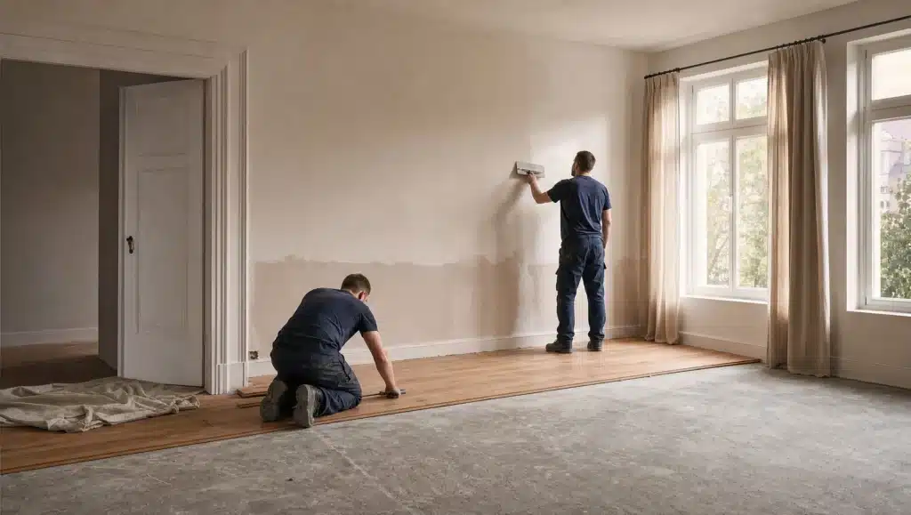 ZKS-Handwerker beim Wiederaufbau im leergeräumten Raum