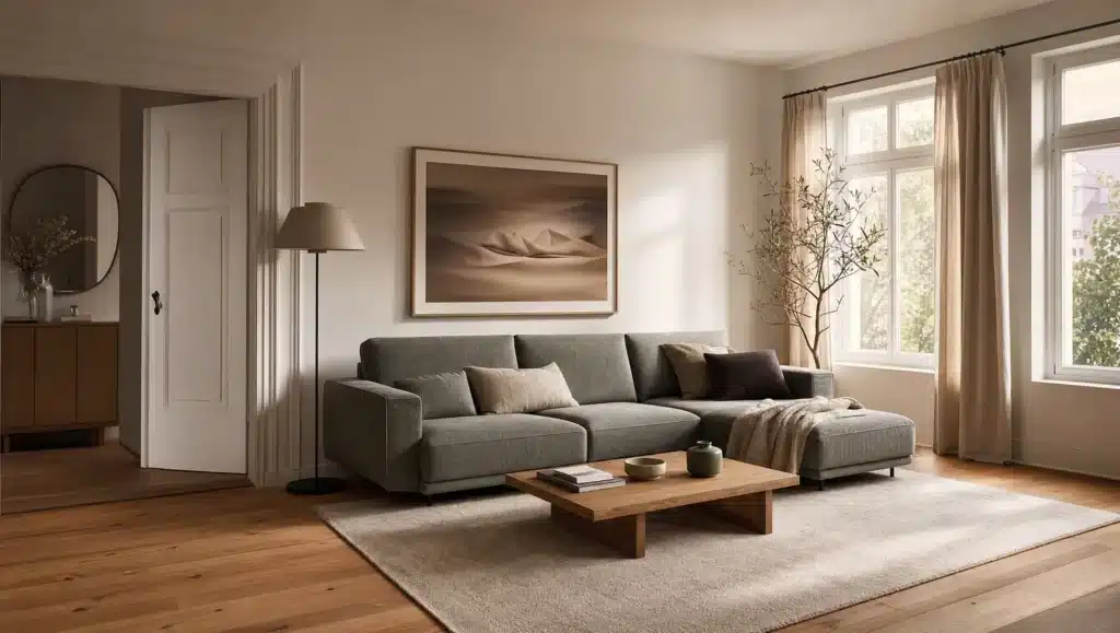 Fertiges, modern eingerichtetes Wohnzimmer nach der Sanierung