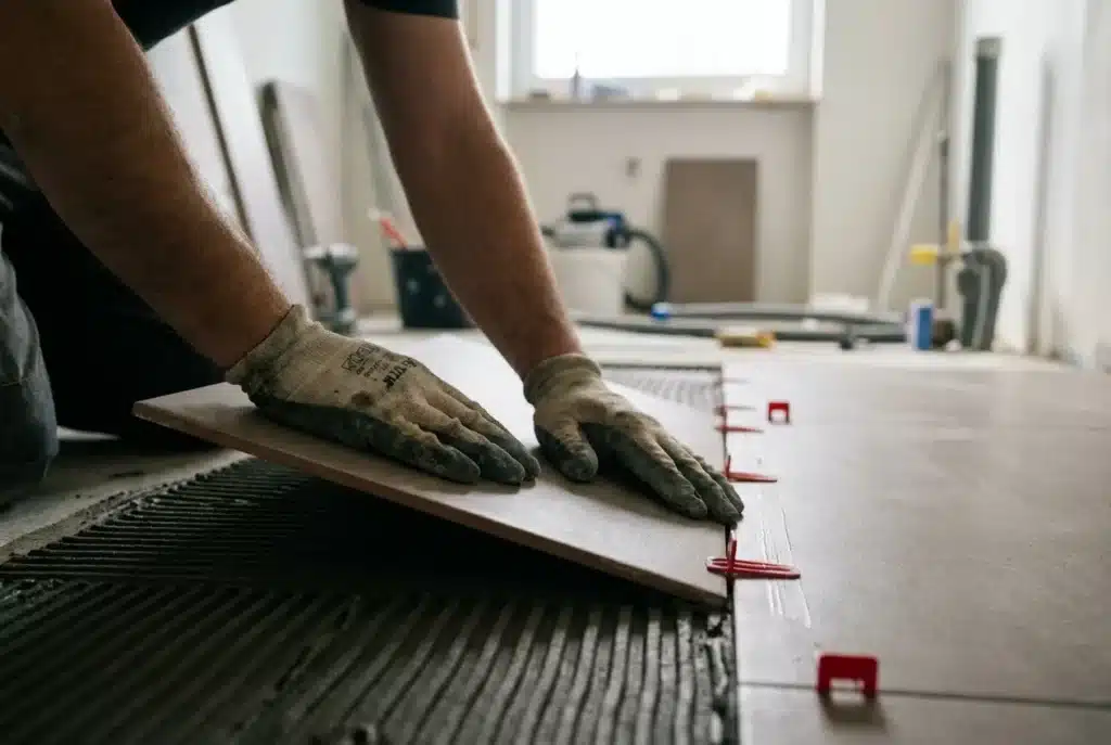 Fliesenleger setzt Großformat-Fliese ins frisch gekämmte Kleberbett