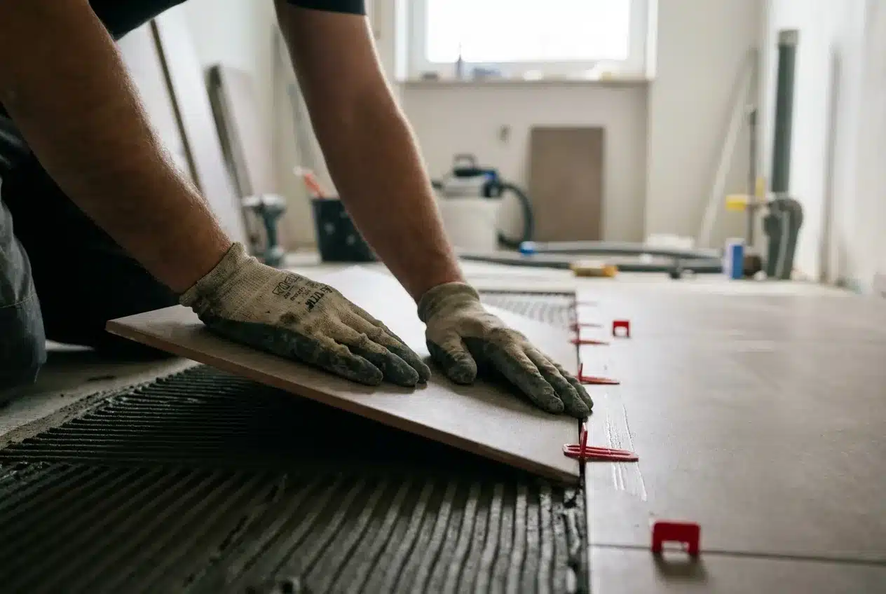 Fliesenleger setzt Großformat-Fliese ins frisch gekämmte Kleberbett