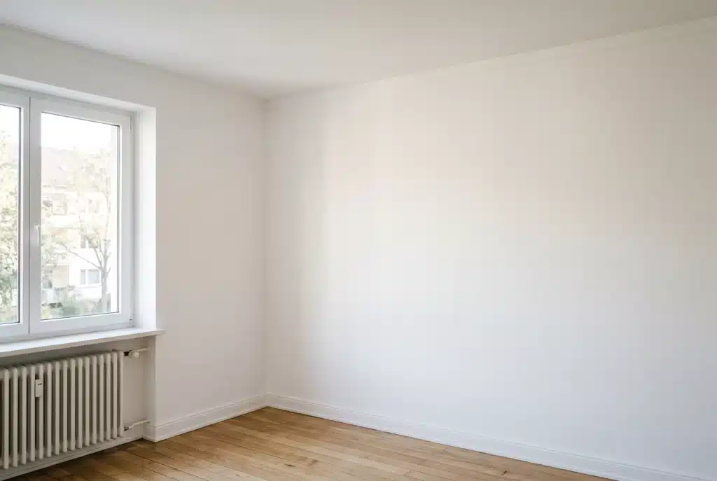 Nach dem Innenanstrich: Wand und Decke gleichmäßig weiß, ohne durchschlagende Ränder
