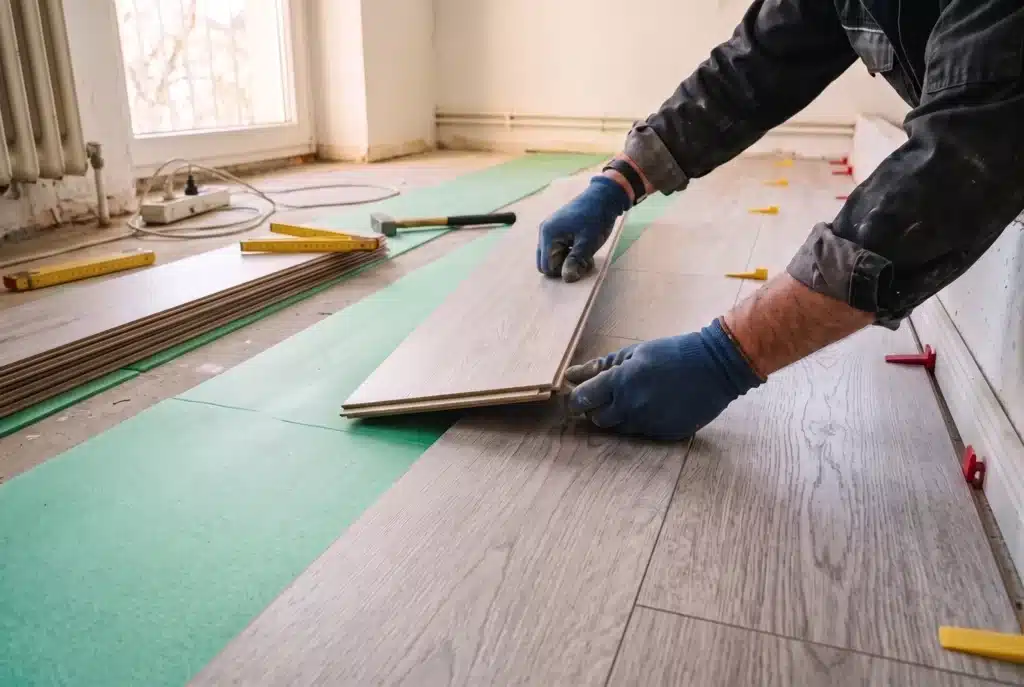 Laminat verlegen: Diele wird in die Klickverbindung eingesetzt, Trittschalldämmung liegt bereit