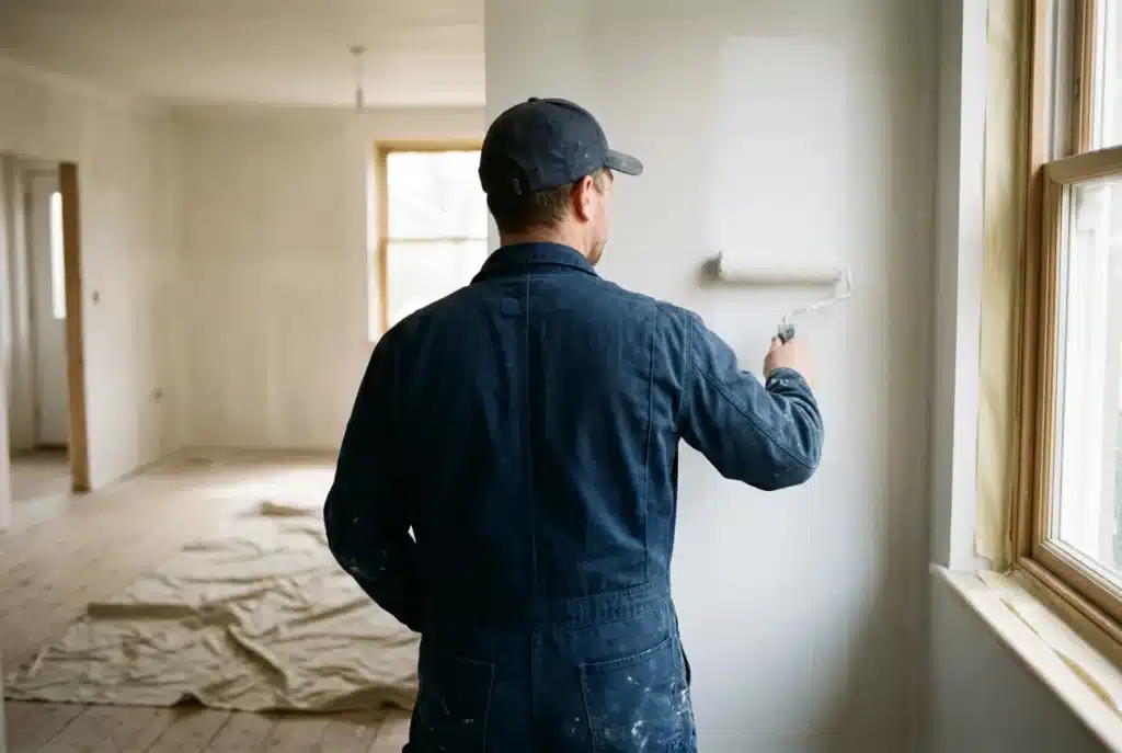Maler rollt Wandfarbe auf eine frisch gespachtelte Wand