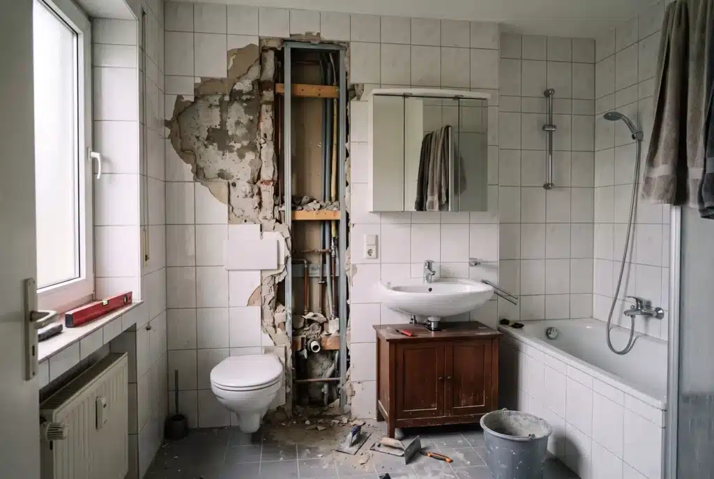 Badsanierung nach Wasserschaden: Wandfliesen teilweise entfernt, Vorwandinstallation geöffnet