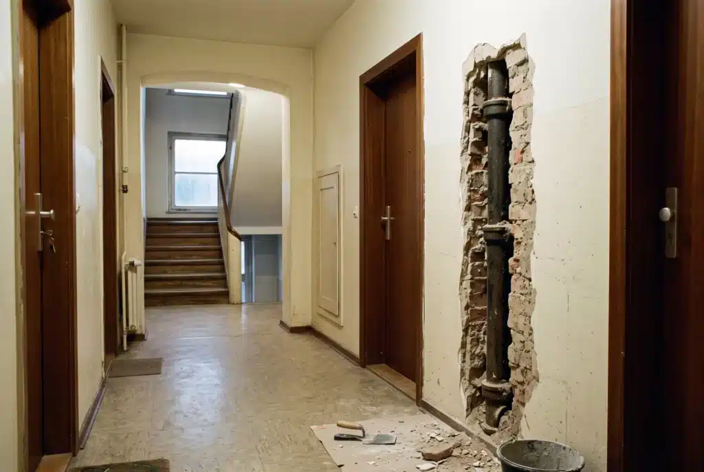 Geöffneter Wandschlitz mit Steigleitung im Flur eines Mehrfamilienhauses