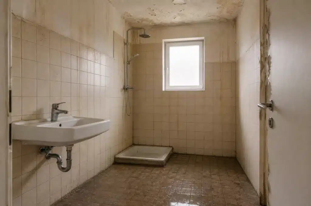 Vorher: Badezimmer mit akutem Wasserschaden — Wasserflecken an Decke und Wänden, durchfeuchteter Boden