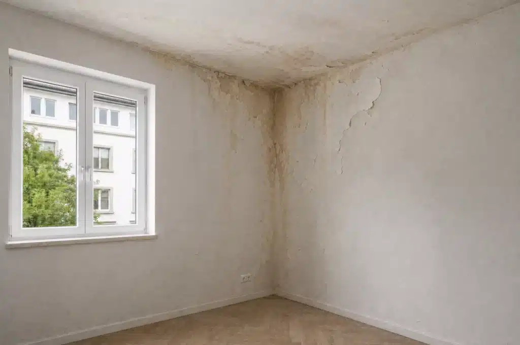 Vorher: Wasserflecken und abblätternde Farbe an Wand und Decke nach einem Feuchteschaden