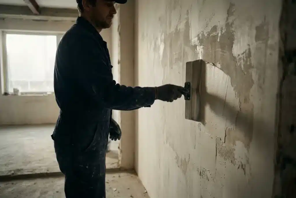 Handwerker spachtelt eine sanierte Wand nach Wasserschaden