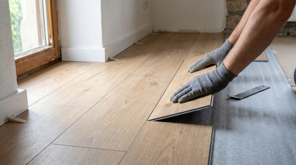 Hände klicken eine Vinyl-Designplanke in Holzoptik in den teilverlegten Boden — Bodenbelagsarbeiten von Wohndecor Straub im Alb-Donau-Kreis