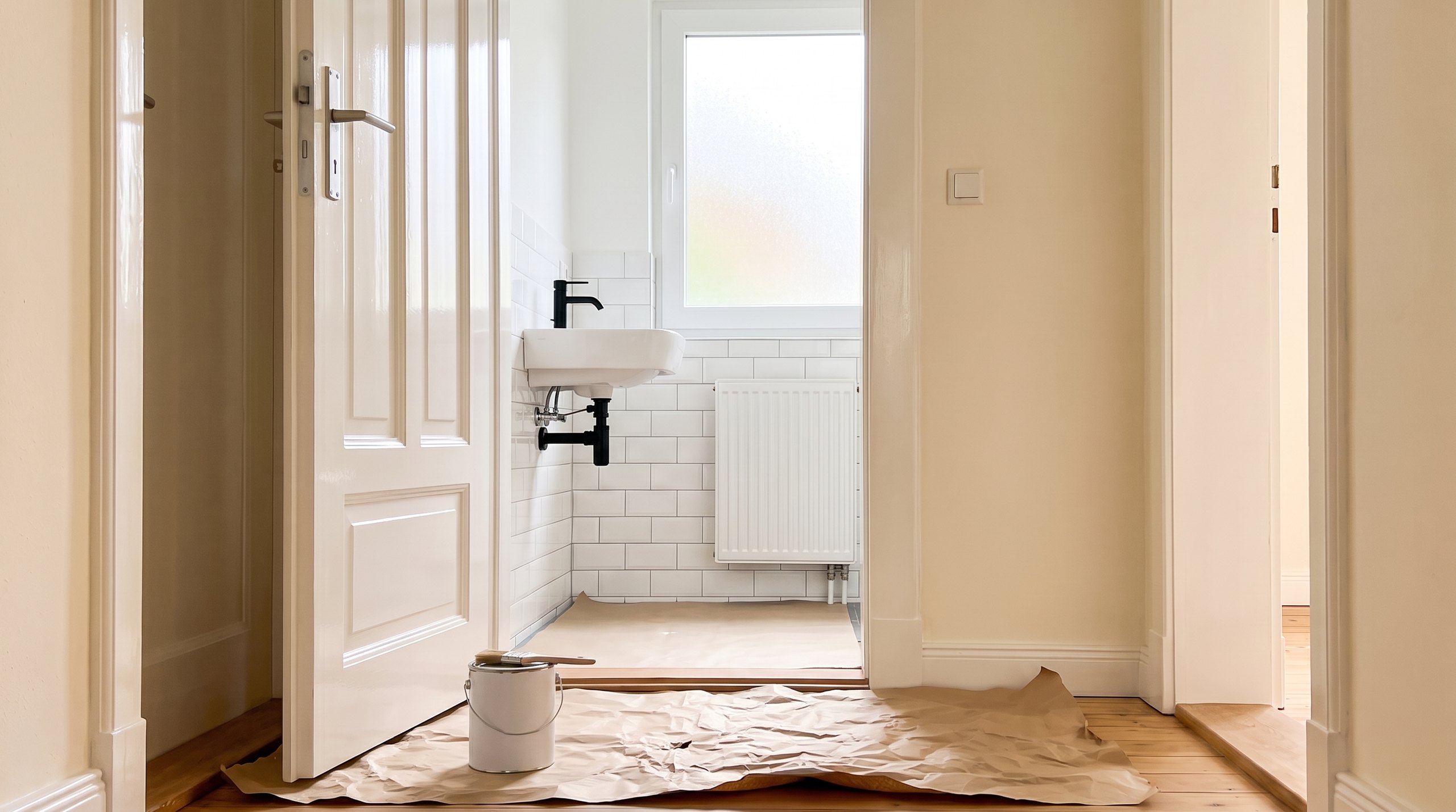 Frisch weiß lackierte Innentür in einem hellen Flur, dahinter ein fertiges Bad — Lackierarbeiten von Wohndecor Straub