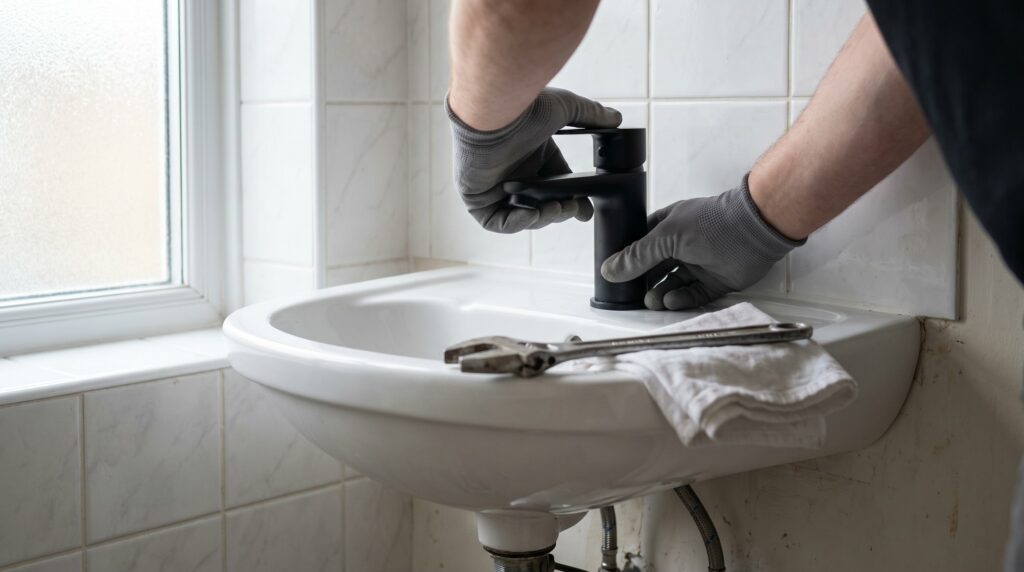 Hände montieren eine matt-schwarze Armatur an einem weißen Waschtisch — Sanitärarbeiten von Wohndecor Straub in Merklingen