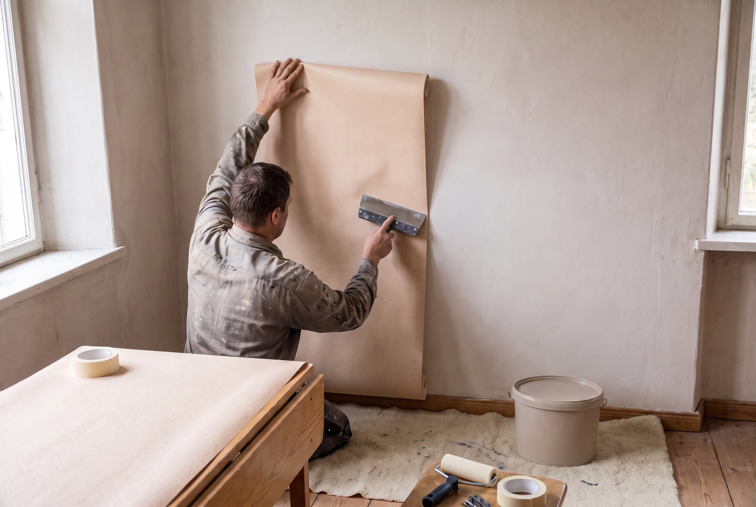 Tapetenbahn wird an einer hellen Wand angesetzt und mit dem Spachtel angedrückt — Tapezierarbeiten von Wohndecor Straub