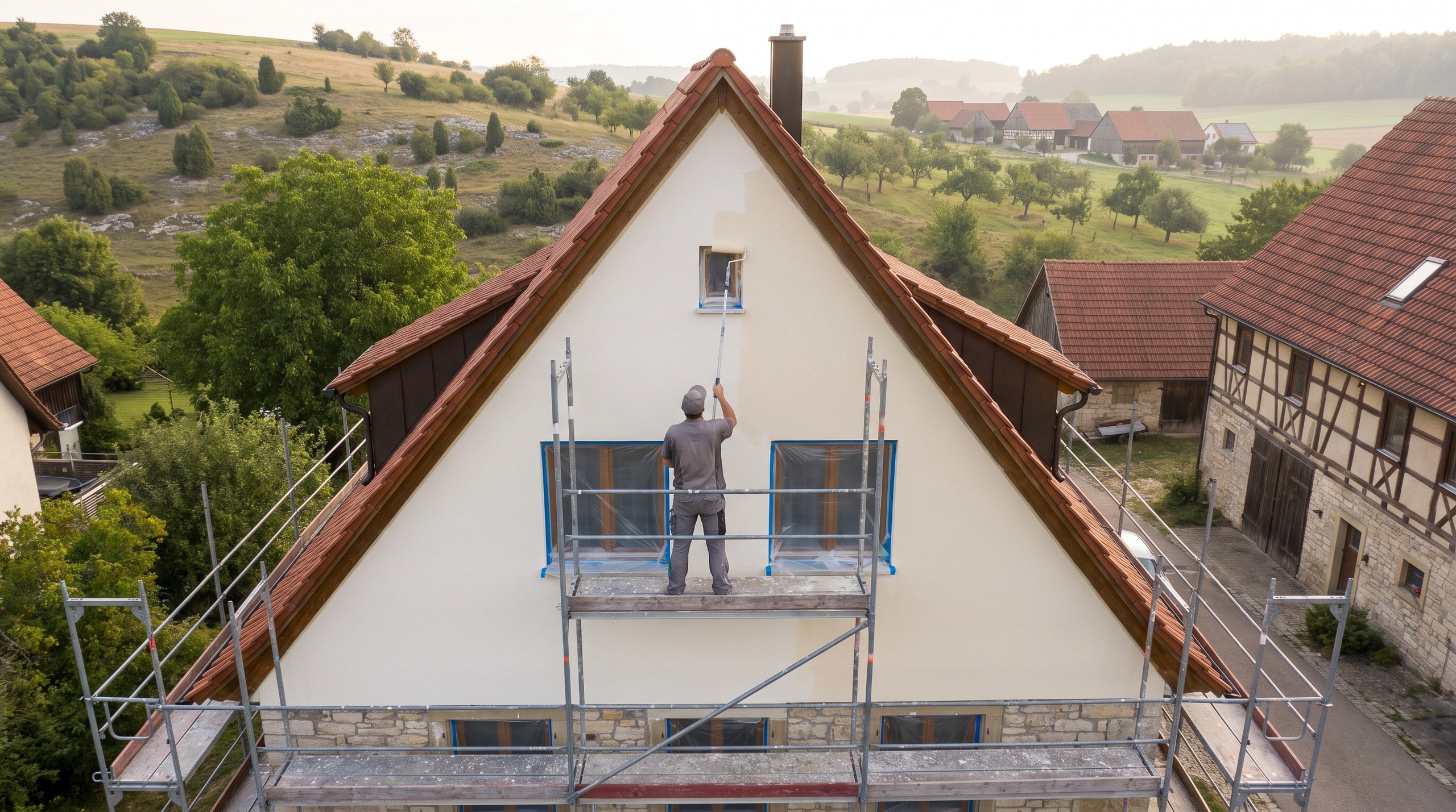 Maler auf dem Gerüst am Giebel eines Wohnhauses, dahinter Dorf und Hochfläche der Schwäbischen Alb